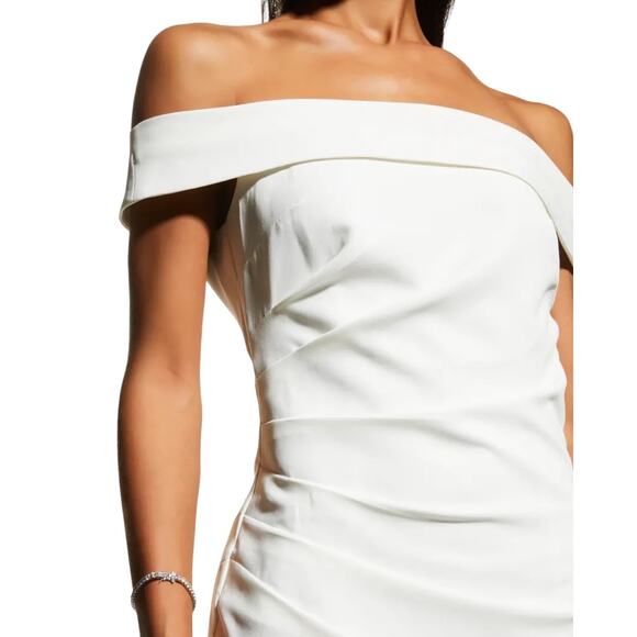 NWT Milly Ally Off-Shoulder Cady Dress Ecru White Size 12 Ruched Side Slit Hem - Picture 3 of 12